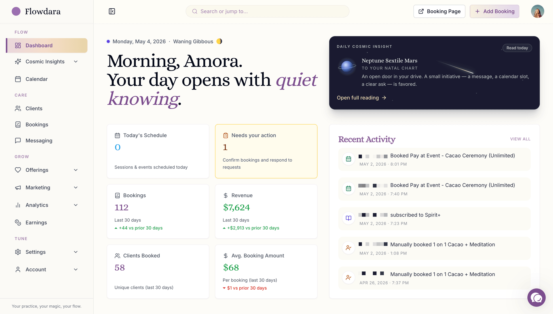 Flowdara dashboard with a Daily Cosmic Insight (Neptune Sextile Mars), today's schedule, recent activity, and 30-day booking and revenue stats